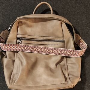 Taupe Leather Backpack Purse with Patterned Strap